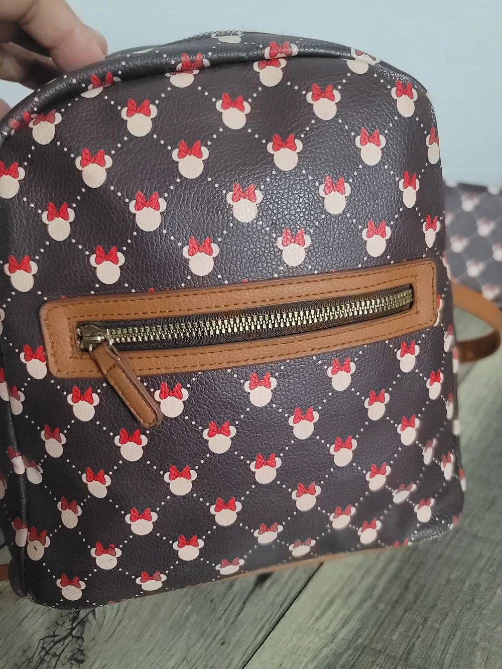 Disney Brand Minnie Mouse Backpack Purse And Wallet Zippered Brown Red Tan Color